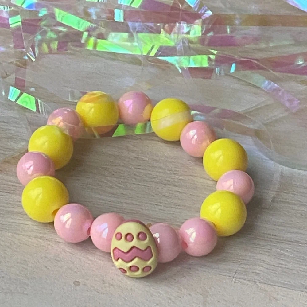Girls Easter Yellow Pink Beaded Stretch Bracelet with Easter Egg Charm Stacking